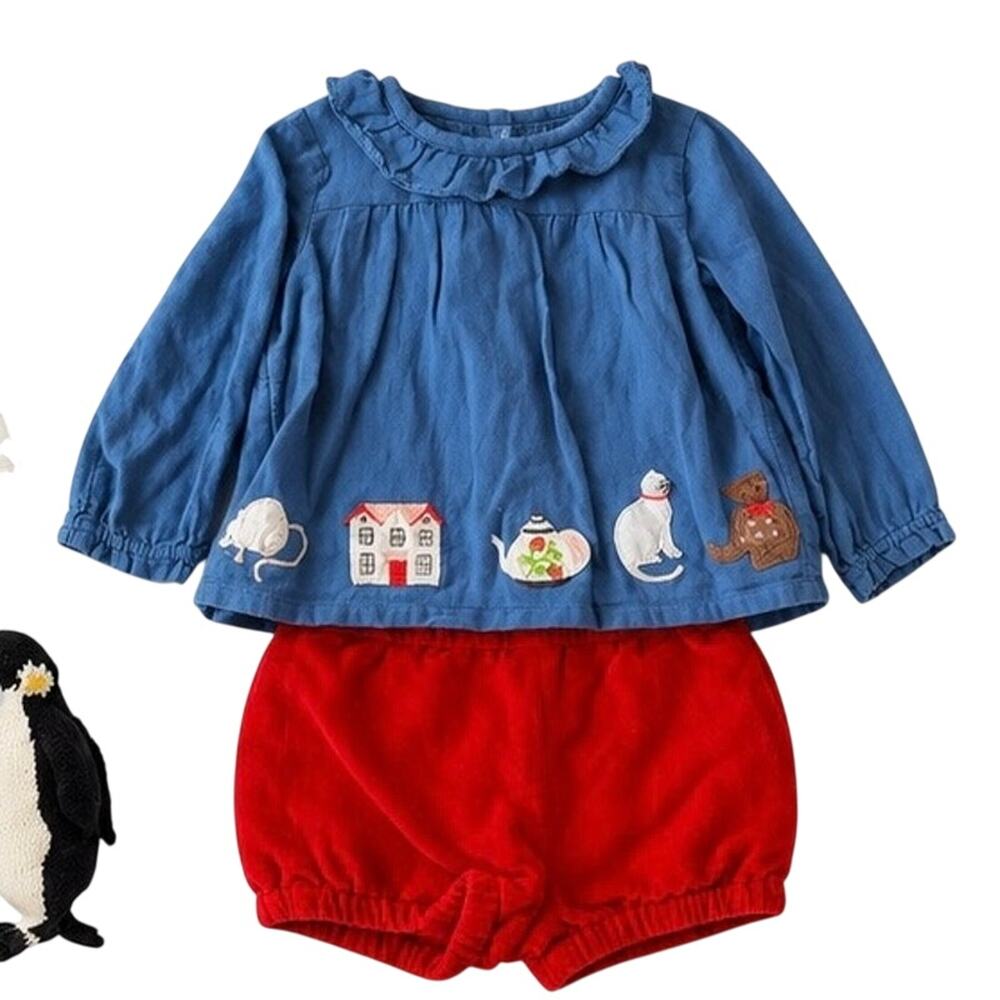 Baby Boden Embroidered Blue Top & Red Velvety Bloomers Set